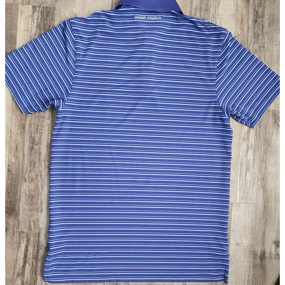 Under Armour Polo Shirt Mens Small Blue Striped Heatgear Loose Fit Short Sleeve - Picture 6 of 6